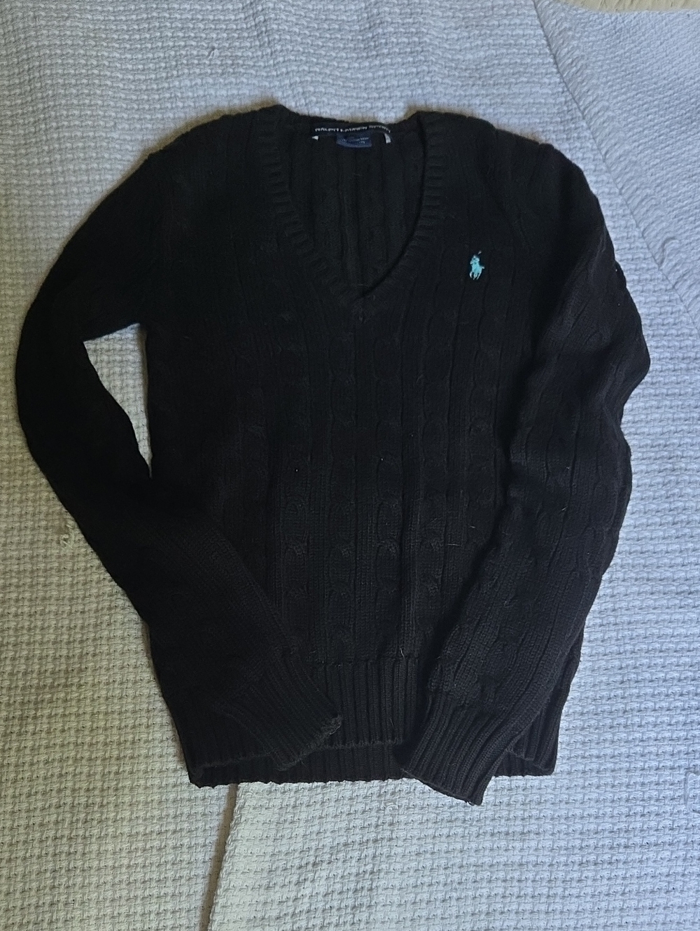 Ralph Lauren Women’s Black Cable-Knit V-Neck Sweater with Teal Pony Size XS